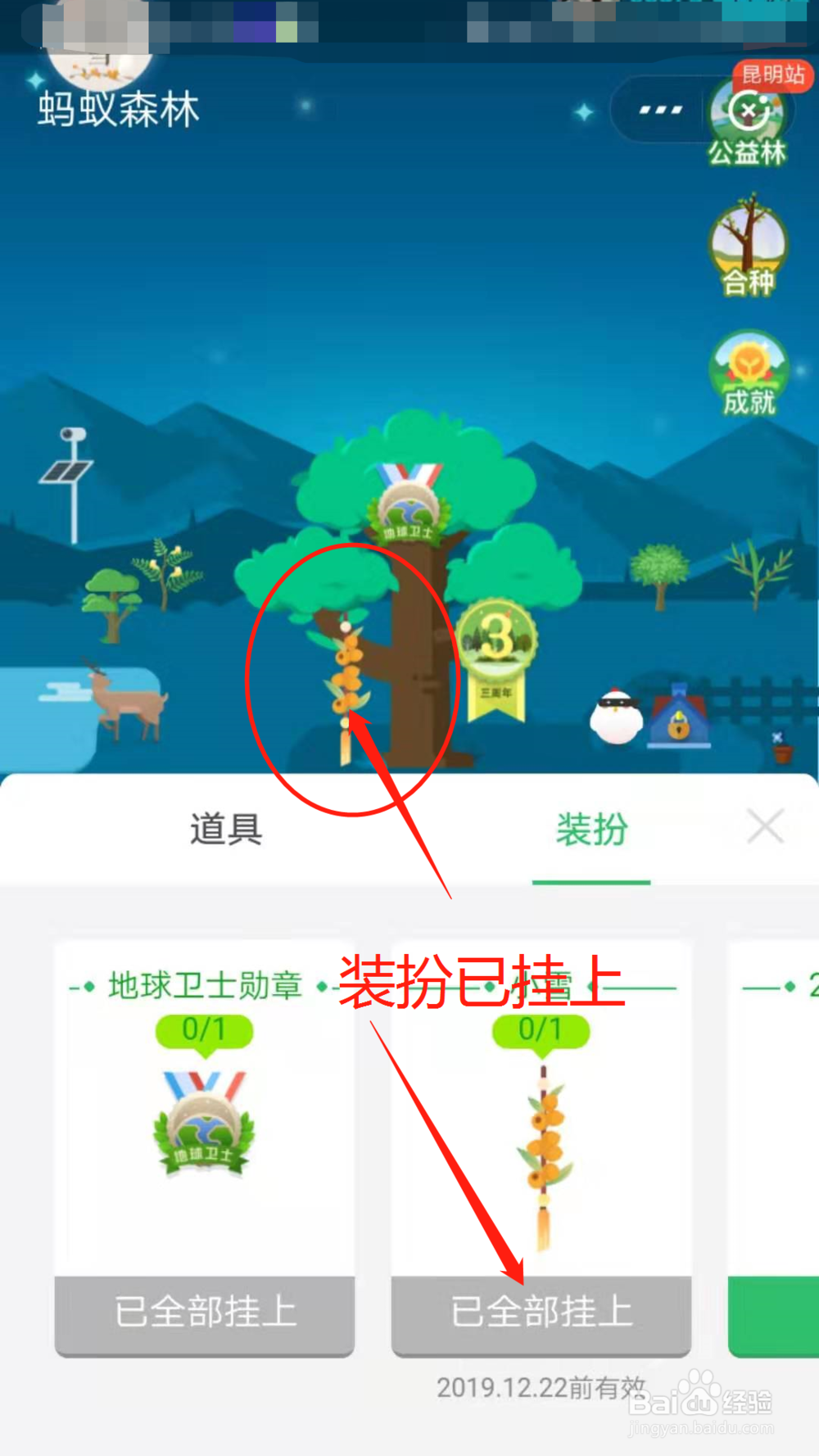 怎么给蚂蚁森林树上挂装扮？
