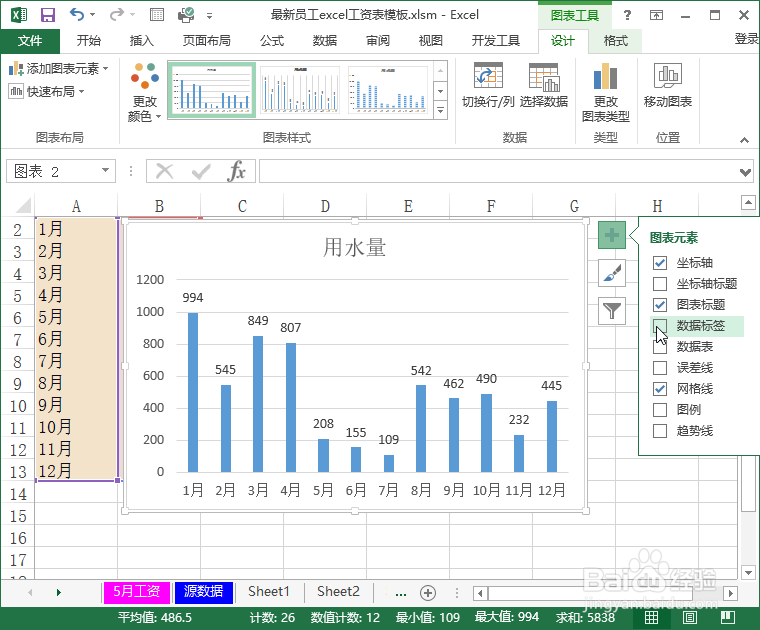excel设置查看一年内水费的用量柱状图