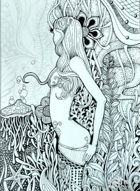 手绘插画-人物黑白装饰画（美少女）