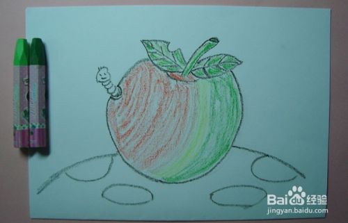 儿童蜡笔画之苹果上的毛毛虫