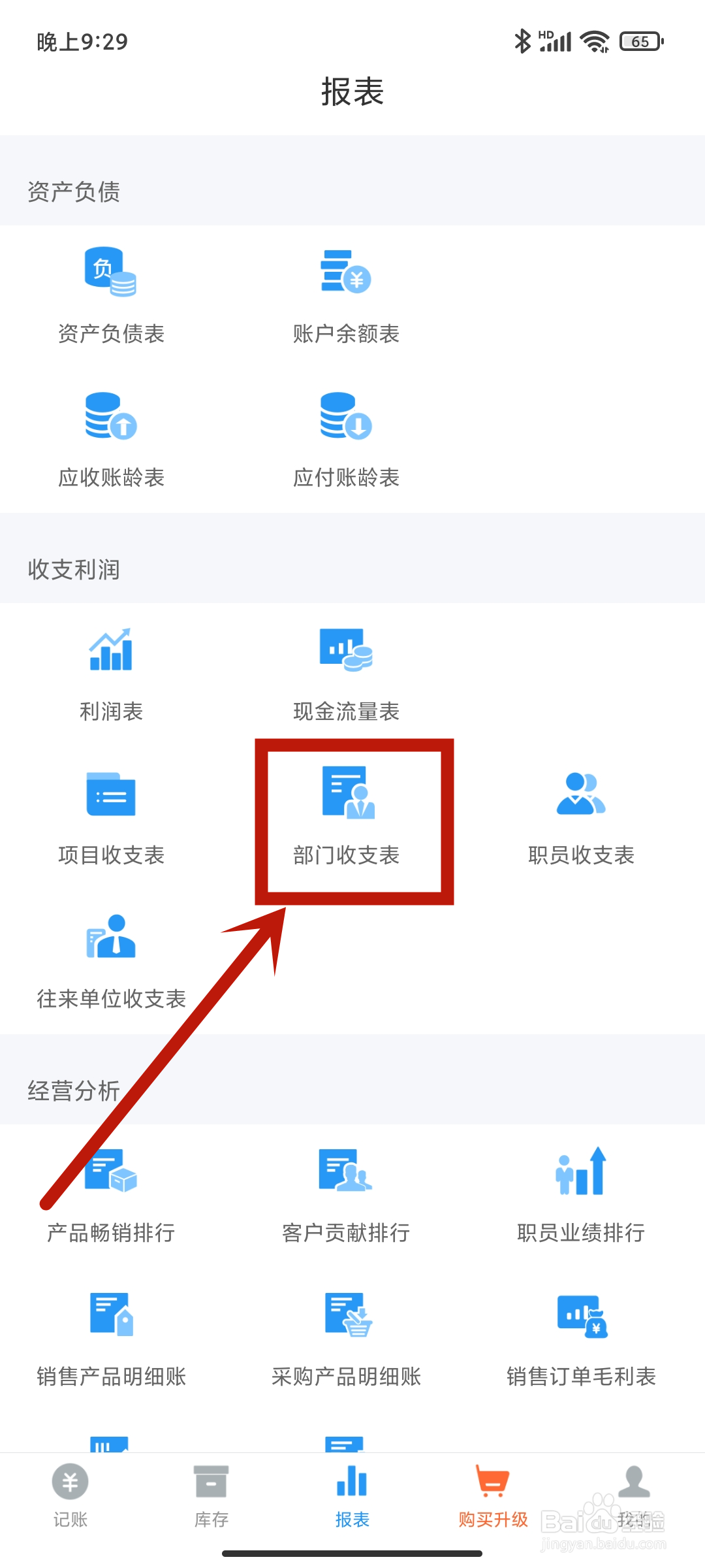 如何在《账王记账》app中查看部门收支表？