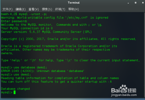 如何使用终端命令操作选择MYSQL数据库