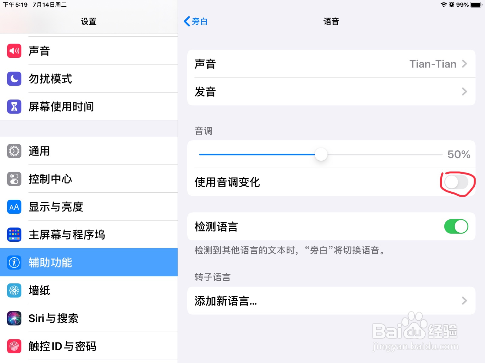 iPad怎么打开旁白的使用音调变化