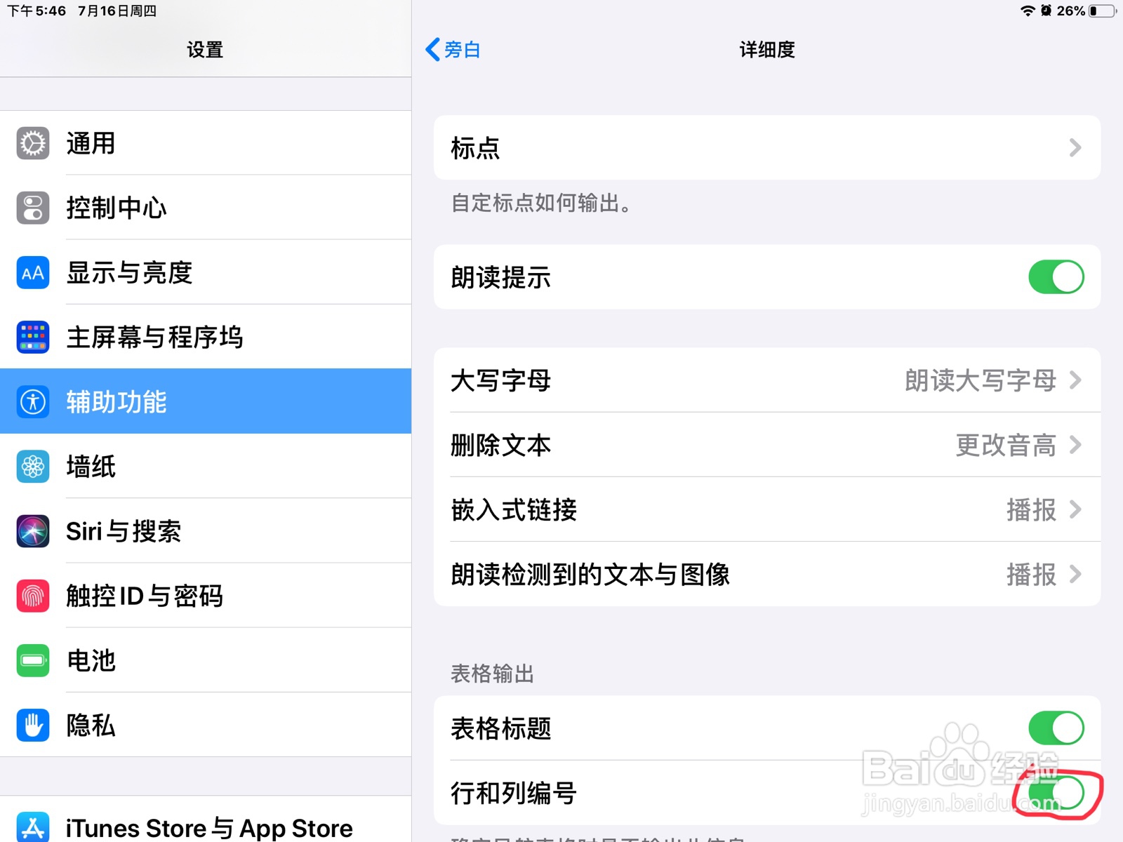 iPad怎么在旁白打开行和列编号