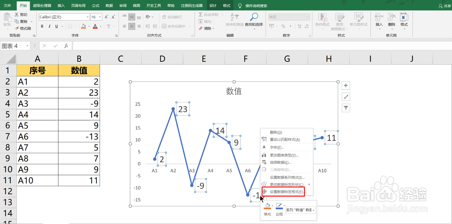 如何设置Excel折线图数据标签,小于0显示红色