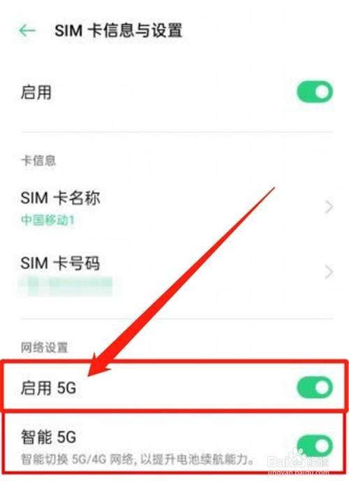 在sim卡與流量管理界面中,找到網絡設置菜單欄,將【啟動5g】和