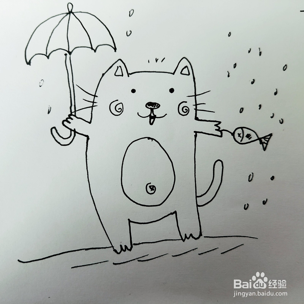怎么画一只打伞的大脸猫简笔画呢？