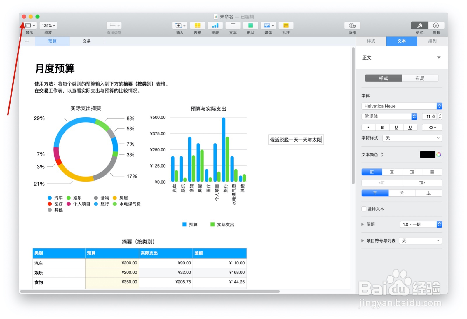 Numbers表格“个人预算”模板中如何插入文本