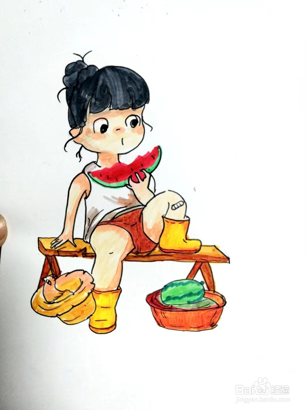 夏日里吃西瓜的女孩儿怎么画