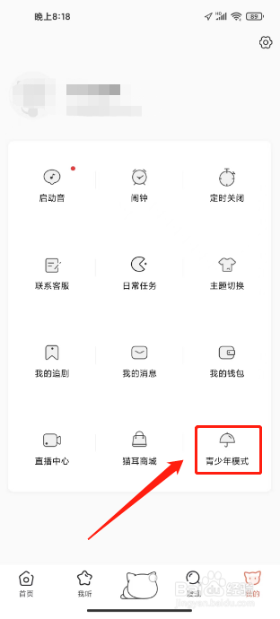 猫耳FM怎么开启青少年模式
