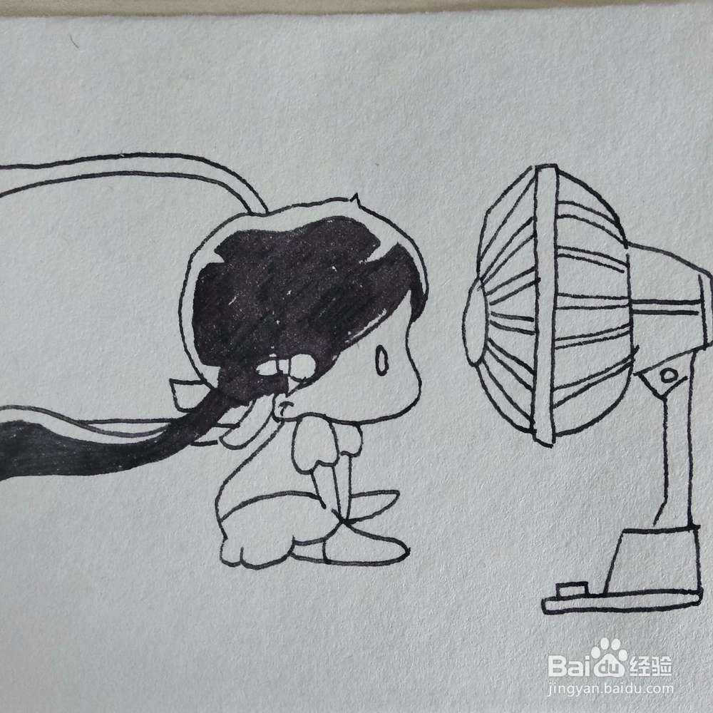 怎么画一个夏天对着风扇吹风的小女孩卡通简笔画
