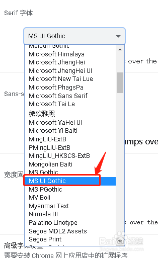 谷歌浏览器设置Serif 字体MS UI Gothic