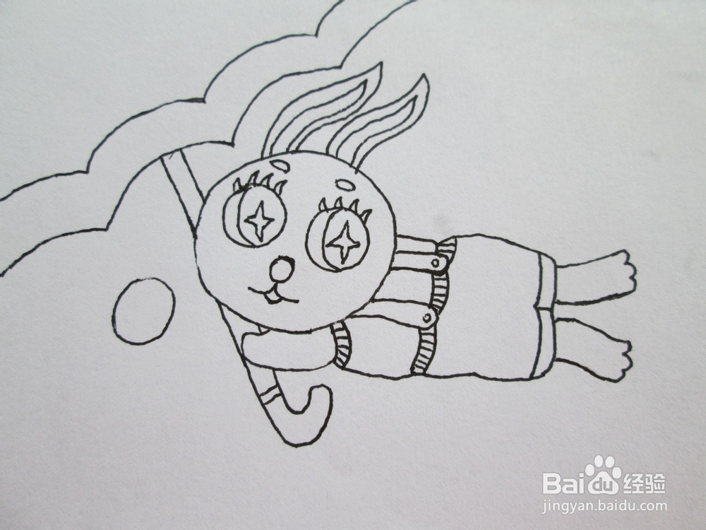 黑白线描画《被大风吹起来的小兔子》作画步骤