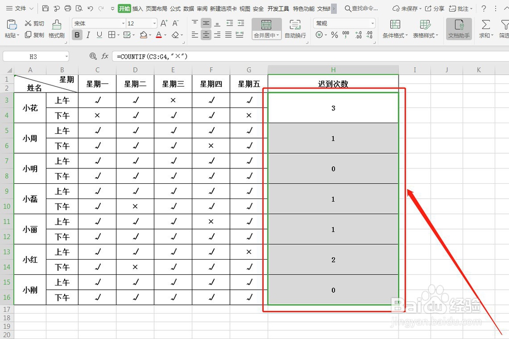 WPS如何快速统计考勤迟到次数