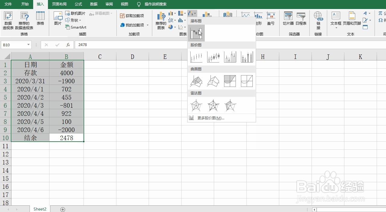 Excel制作存款结余动态变换的瀑布图