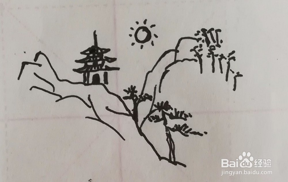山、河、树、亭子、白云太阳组合简笔画