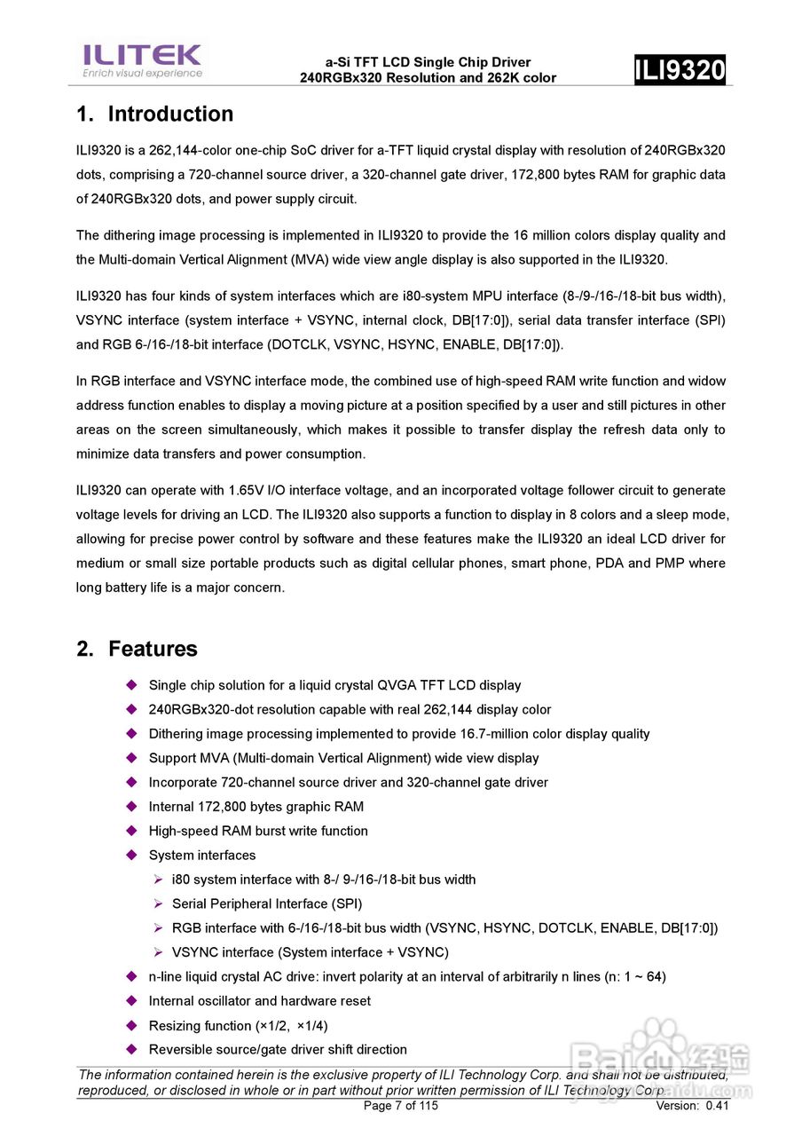 ILITEK ILI9320TFT彩屏控制器说明书:[1]