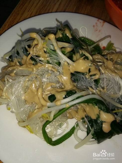 鱼肉卷菠菜豆芽干拌粉丝