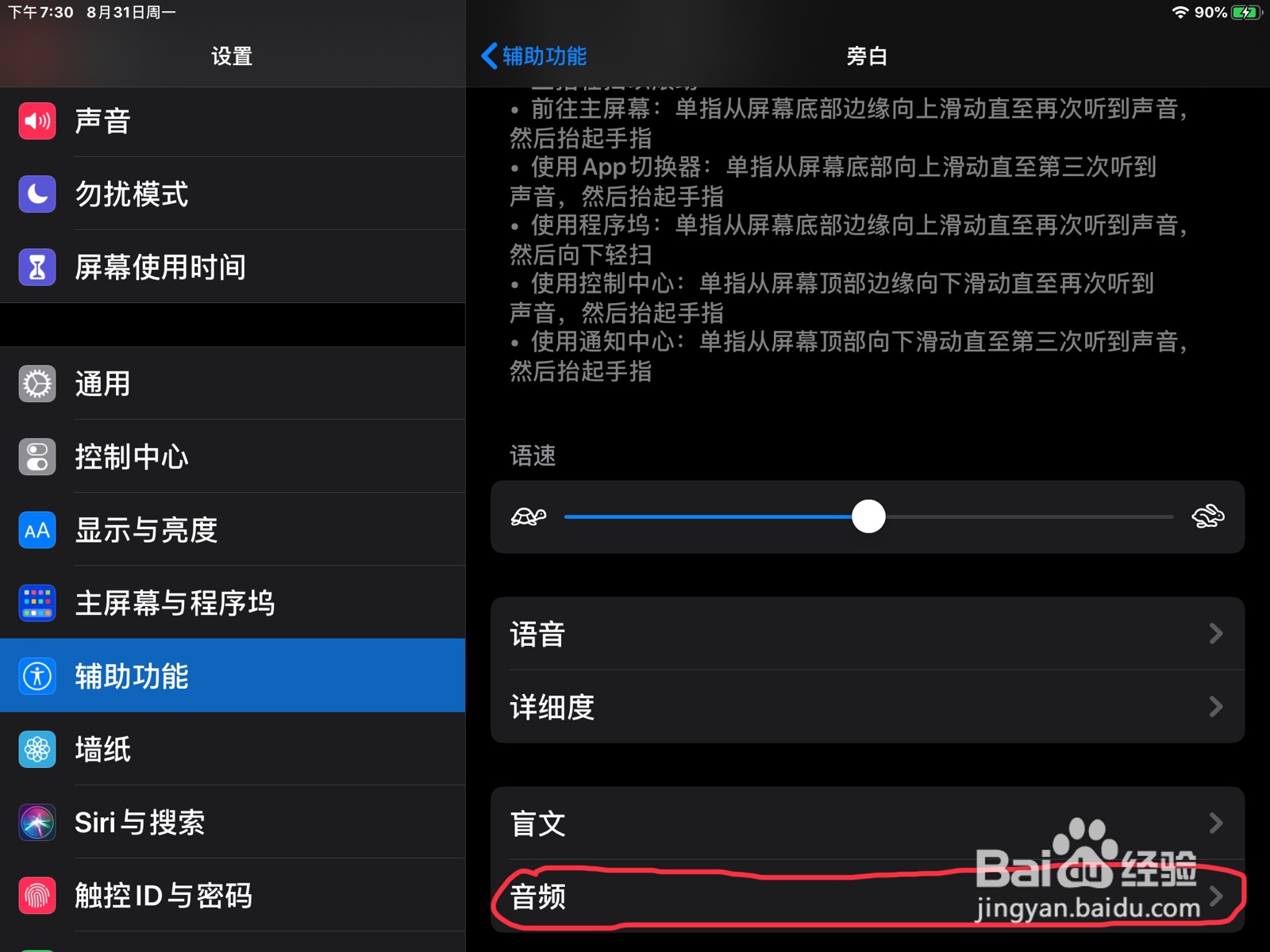 iPad怎么在旁白设置程序坞已显示的预览
