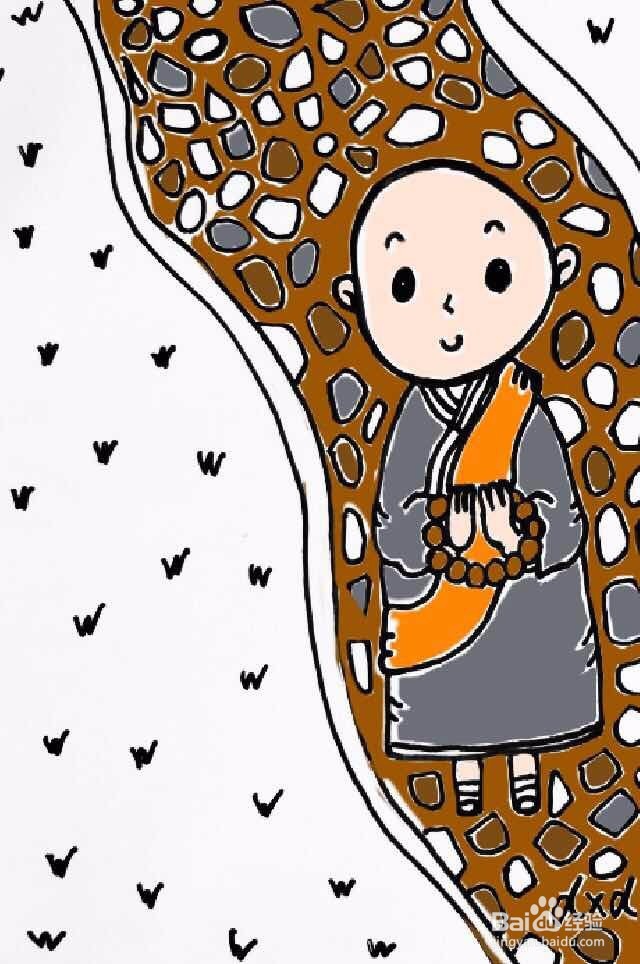 茉莉水彩手绘之踱步的小和尚