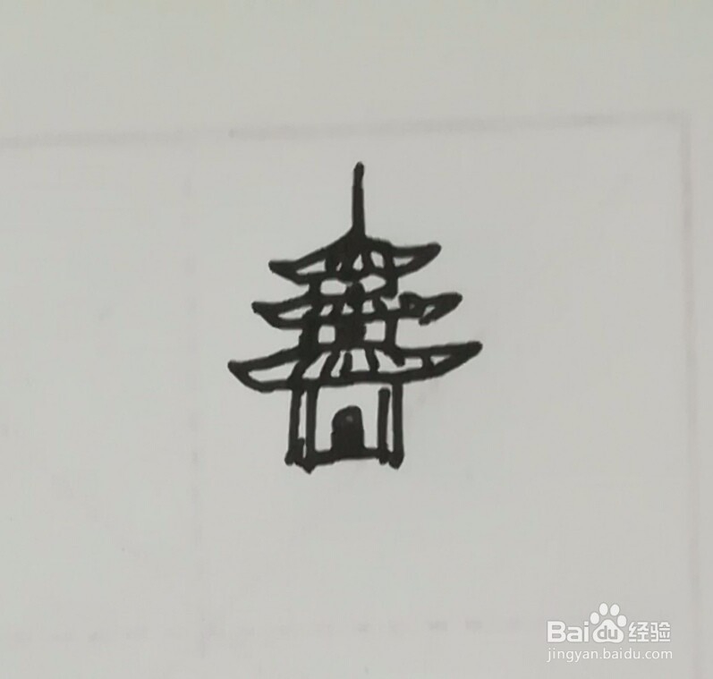 山、河、树、亭子、白云太阳组合简笔画