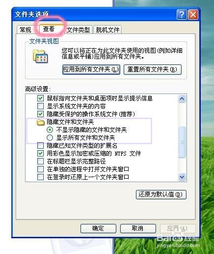 XP系统中怎么隐藏文件和显示隐藏文件