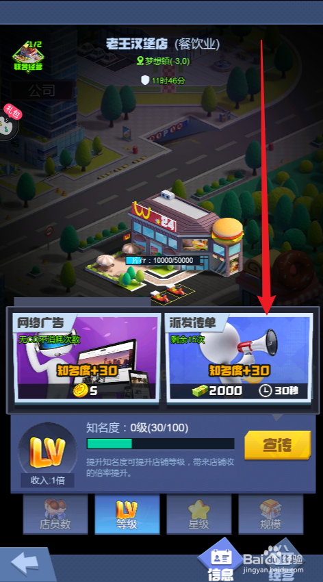 明日大亨怎么宣传提升老王汉堡店至1级