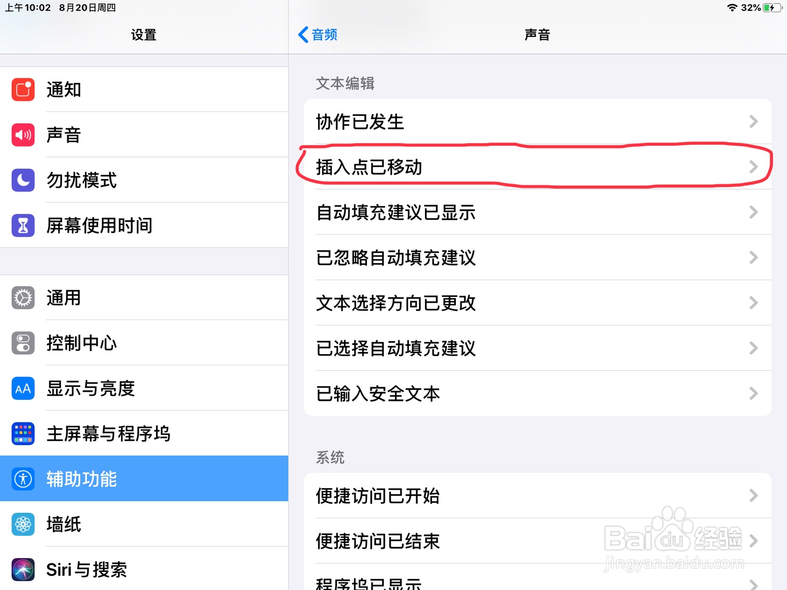 iPad怎么在旁白设置插入点已移动的预览