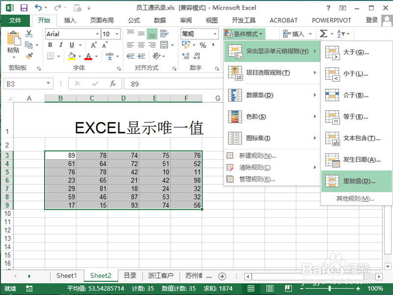 Excel如何显示标记数字唯一值