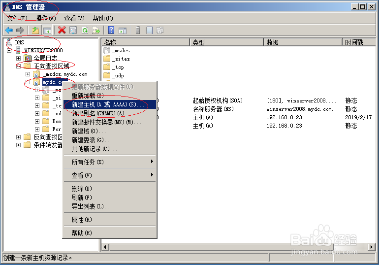 使用Windows server 2008新建DNS主机资源记录