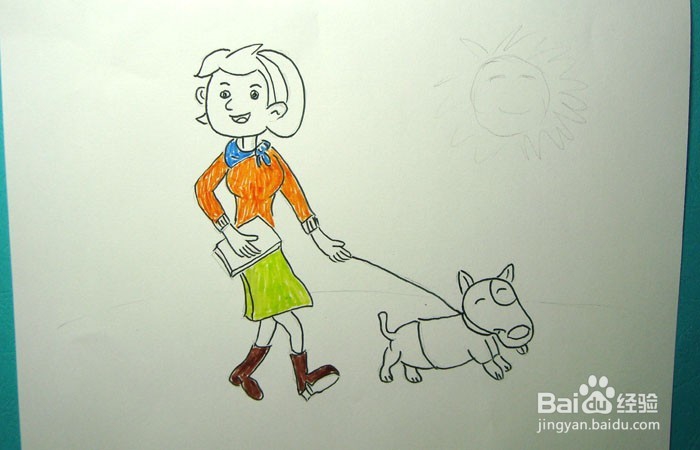 彩色简笔画牵小狗晒太阳的女孩