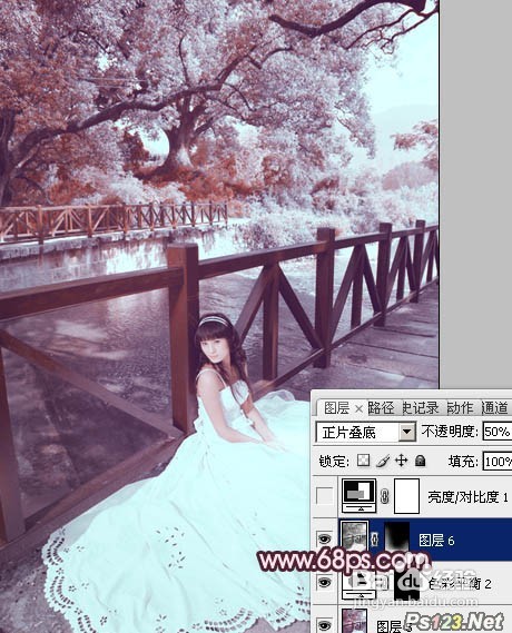 Photoshop调出河边美女婚片梦幻的紫红色