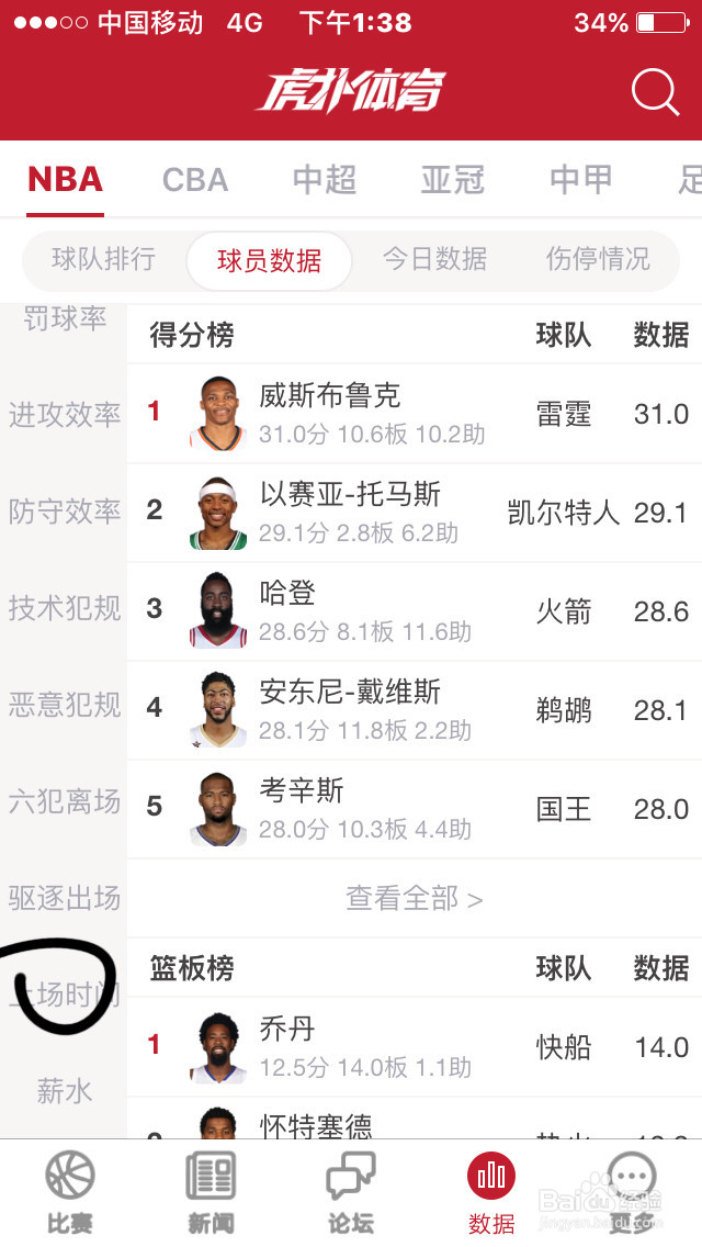 如何查看NBA球员的上场时间榜