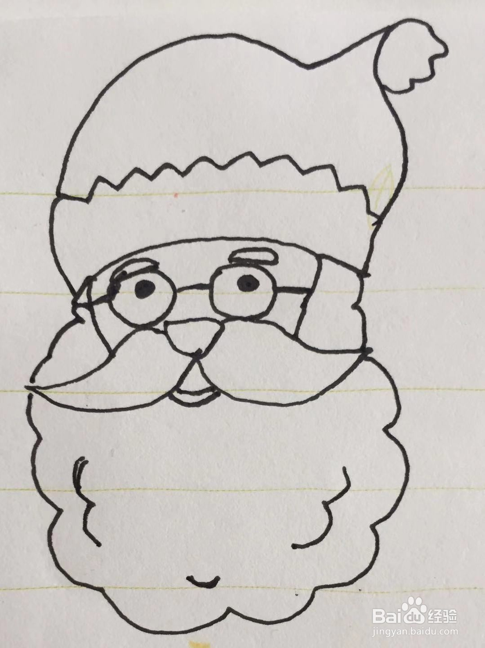 我们用笔画出圣诞老人的眉毛,眼睛,鼻子,胡须和嘴巴