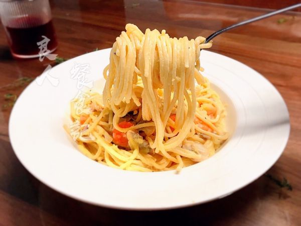 奶油口菇虾仁意面