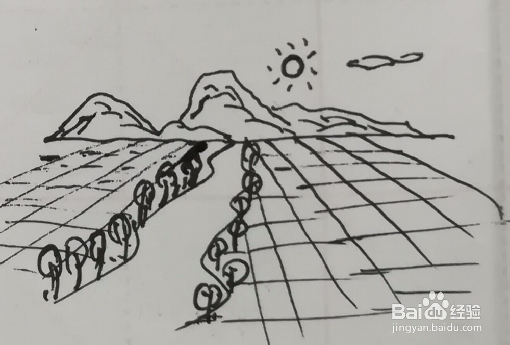 风景简笔画远山、田野组合怎么画