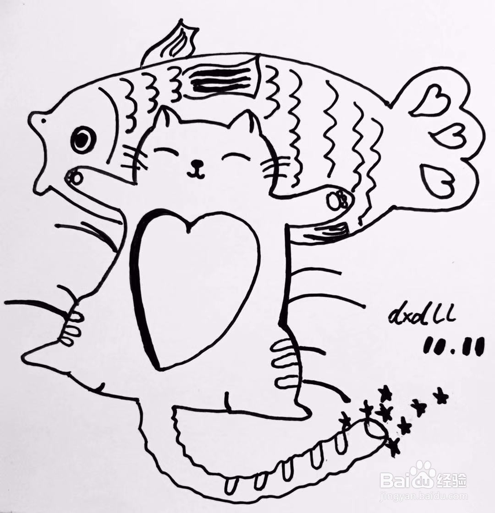 茉莉手绘之猫咪和鱼抱枕