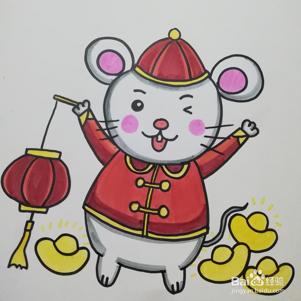怎么画小老鼠举灯笼的儿童画。