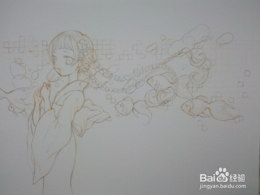 《少女与鱼》水彩人物插画线稿手绘教程
