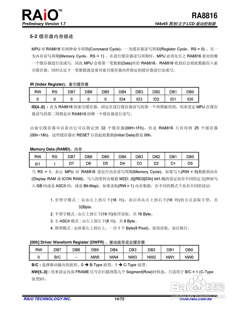 RAiO RA8816 144x65图形/文字LCD驱动控制器说明书:[2]