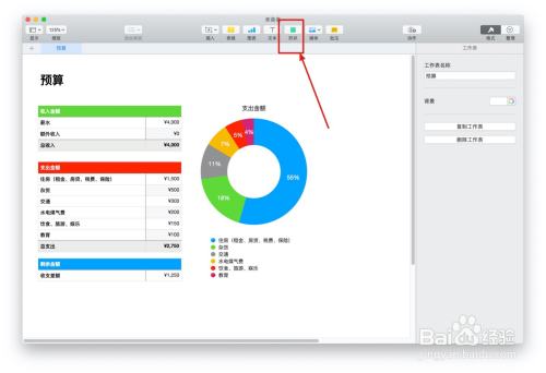 Numbers表格“简单预算”模板中如何插入形状