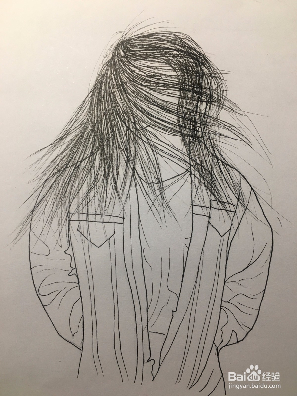 冬季画一个风中长发凌乱的样子 女子简笔线描画