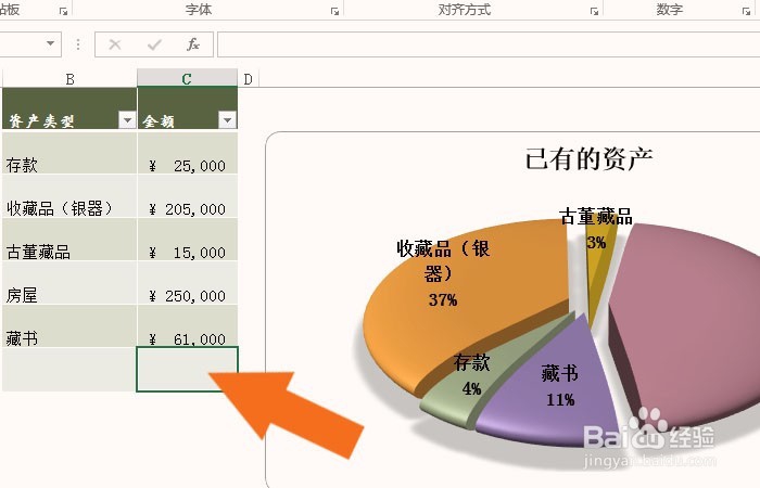 Excel表中如何创建饼状图形资产表