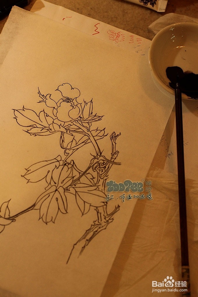 国画工笔花卉技法，起稿上色步骤图以及笔的选择