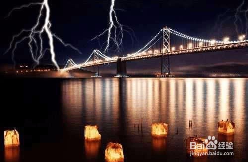 Photoshop给大桥夜空照片添加逼真的闪电效果
