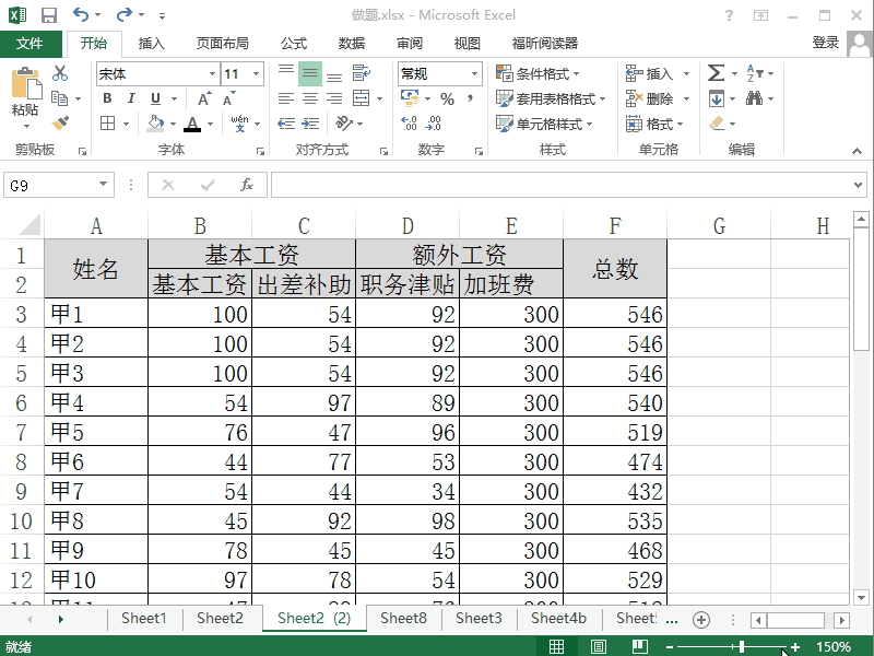 Excel2013如何制作双行表头有合并单元格工资条