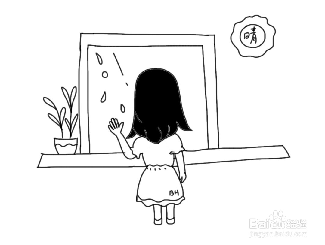 简笔画女孩:窗前女孩的背影画法