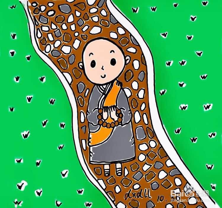 茉莉水彩手绘之踱步的小和尚