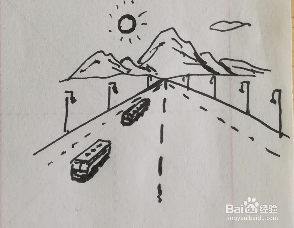 远山由远及近的公路路灯汽车组合简笔画怎么画