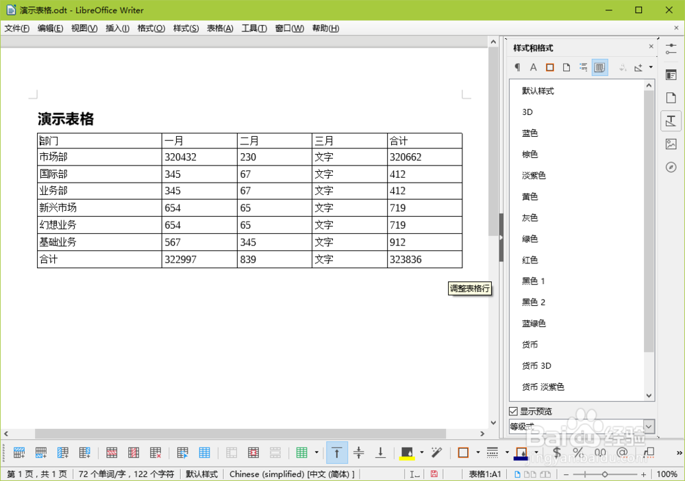 新版 LibreOffice Writer 中为表格应用样式